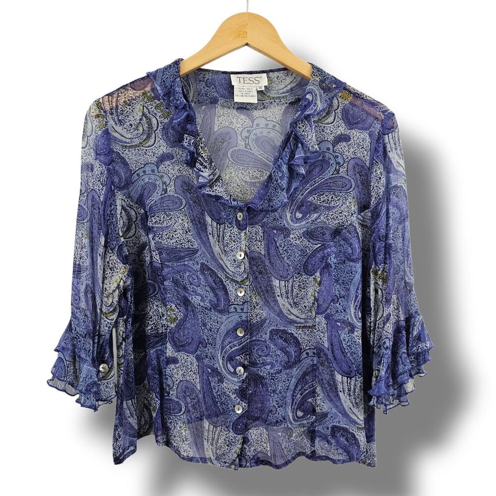 Tess 100% Silk‎ Sheer Paisley Button Blouse Ruffle Sleeves Size 16 Fairy